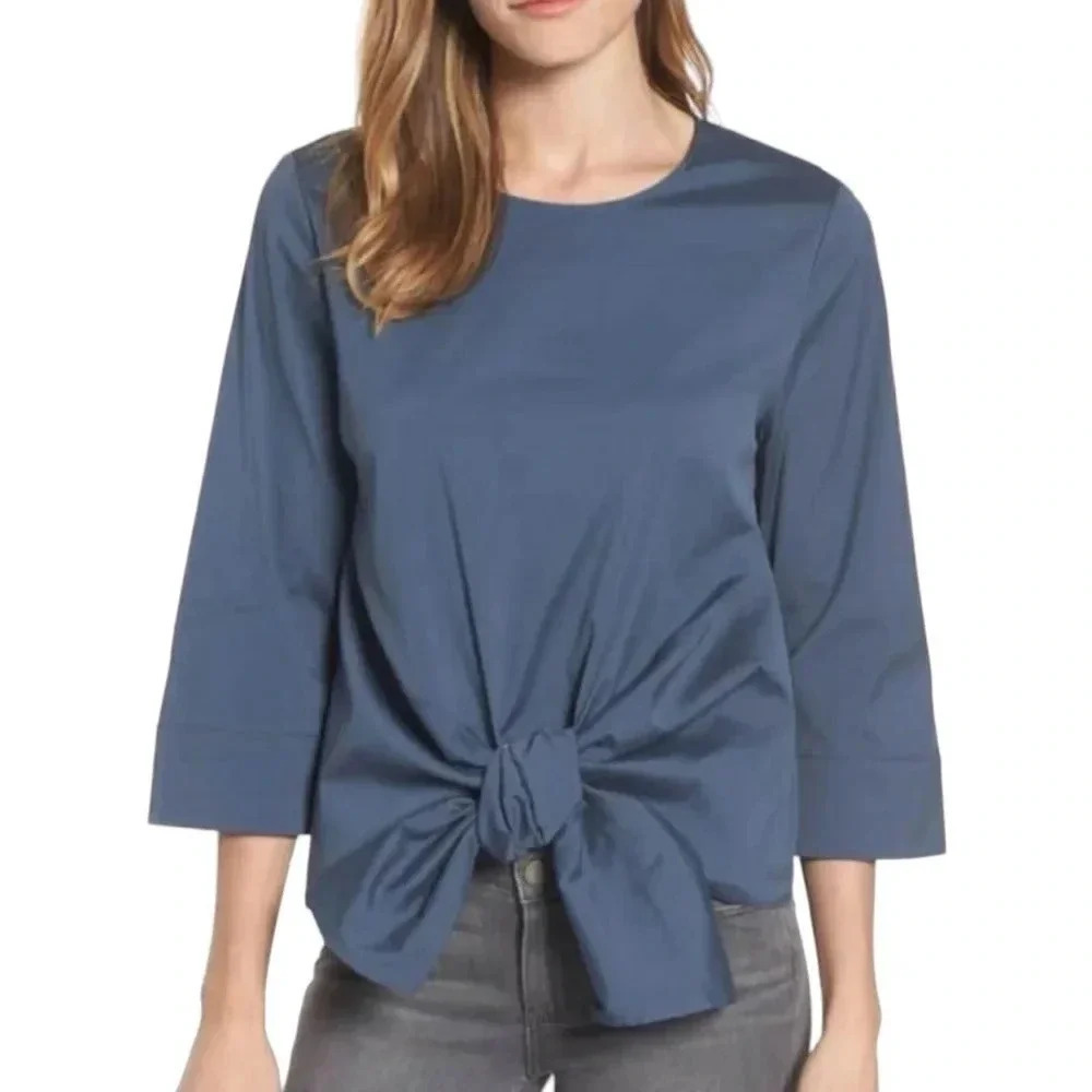 Halogen Blue Tie Front Blouse 3/4 Sleeve Petite Large Office Work Top